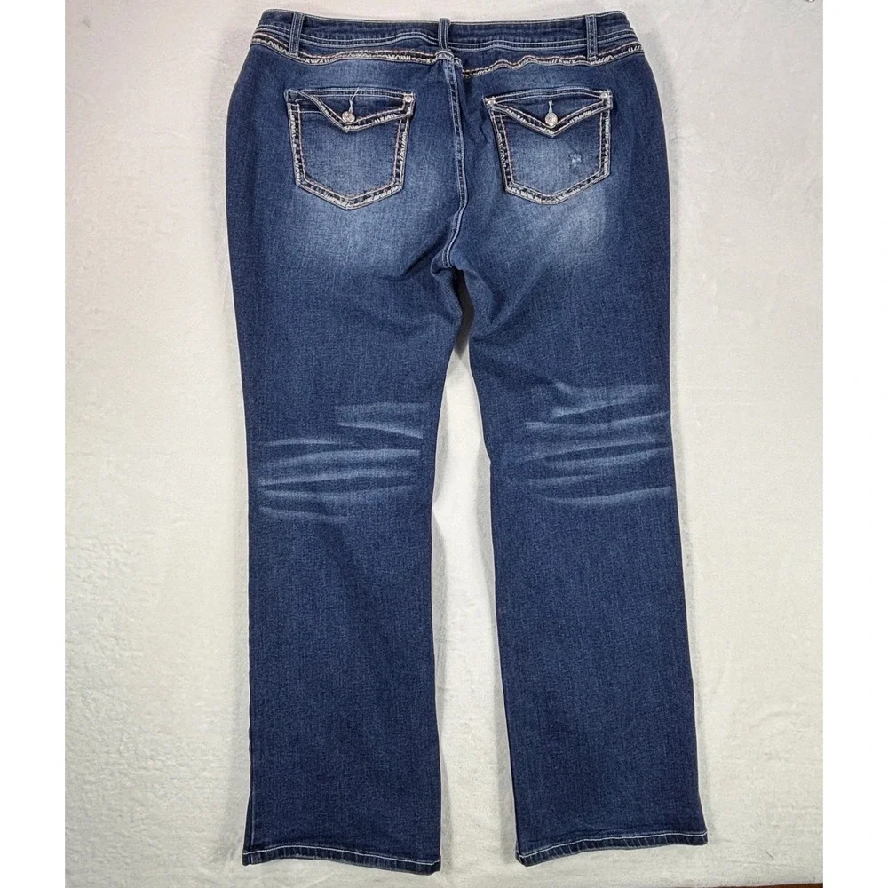 Flamingals Womens XXXL Distressed Bootcut Jeans Dark Wash Whiskered Denim 40x31